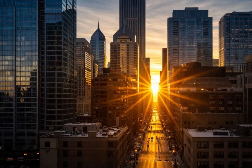Chicagohenge ilumina Chicago con alineación solar entre edificios durante el atardecer en marzo