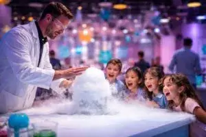 laboratorio interactivo en Chicago con niños realizando experimentos científicos prácticos sin pantallas