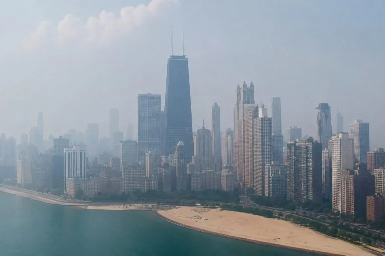Calidad del aire peligrosa en Chicago por humo de incendios en Canadá con baja visibilidad y cielo cubierto.