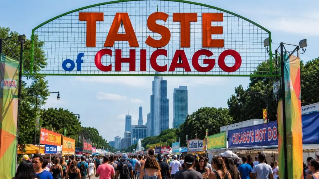 Taste of Chicago en Grant Park con puestos gastronómicos, visitantes y actividades culturales en Chicago.