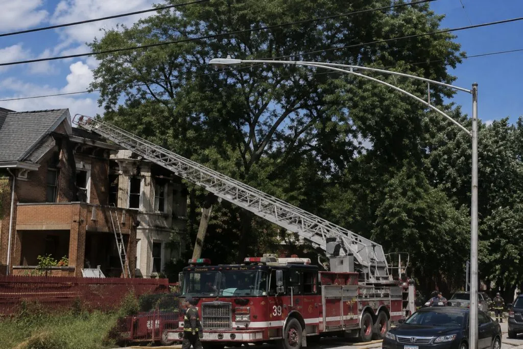 Incendio en Chicago deja cuatro bomberos heridos mientras equipos de emergencia trabajan frente a una vivienda.