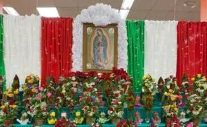 Altares mexicanos dedicados a la Virgen de Guadalupe en un jardín de Chicago como expresión de memoria, identidad y arraigo cultural.