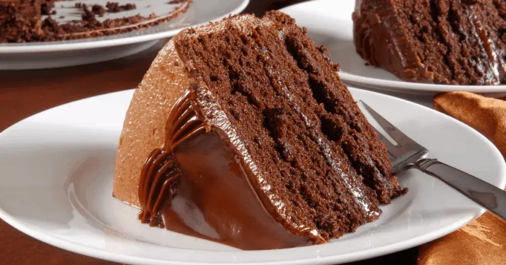 Rebanada del famoso pastel de chocolate de Portillo’s, uno de los postres clásicos de Chicago.