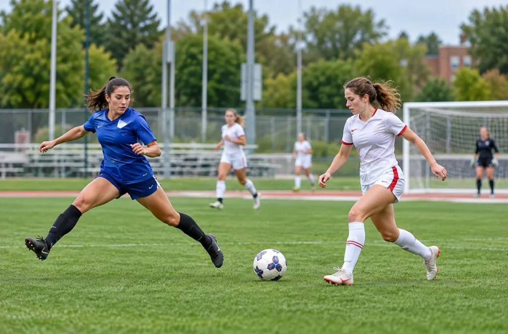 Jugadoras de fútbol femenino universitario disputan el partido entre Edgewood y Concordia Chicago en River Forest.