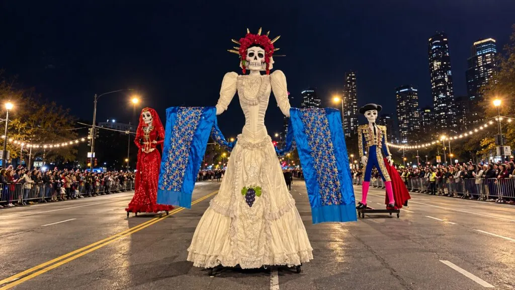 La Catrina de Aguascalientes participa con figuras monumentales, danza y tradiciones mexicanas en el desfile Arts in the Dark de Chicago.
